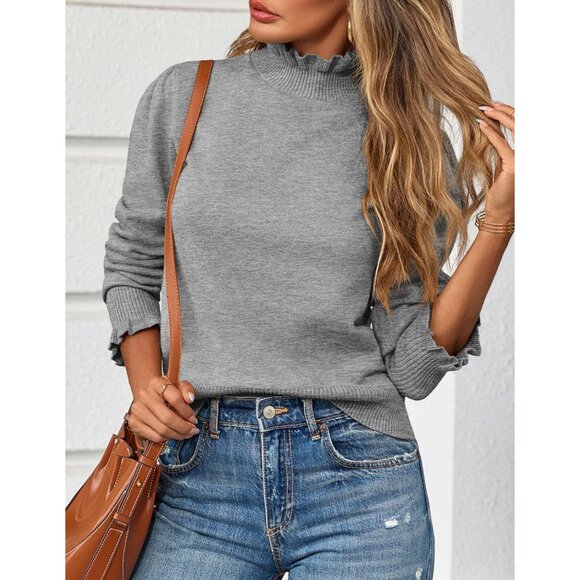 Womens Ruffle Mock Neck Sweater Soft Knit Fall Casual Pullover Large - Picture 3 of 5